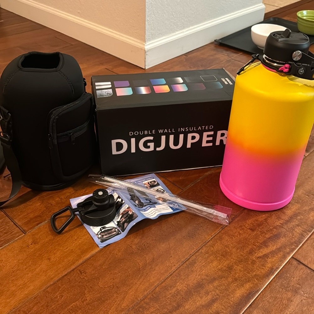 DIGJUPER 128OZ Insulated Water Jug with Strap Straw & Spout Lid - Pink & Yellow